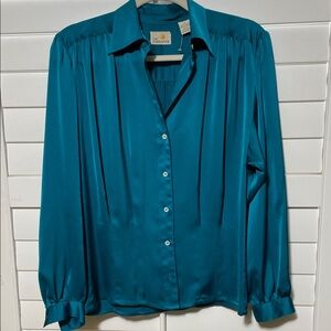 Liz Claiborne Deep Teal Satin Button-Front Blouse bust 23